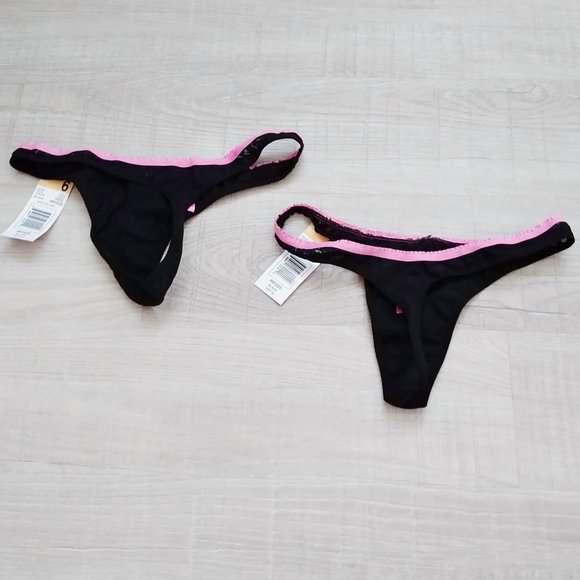 NWT New 2 Pairs Fruit of the Loom Black Lace Thong with Pink Accent Size 6 - Picture 2 of 3